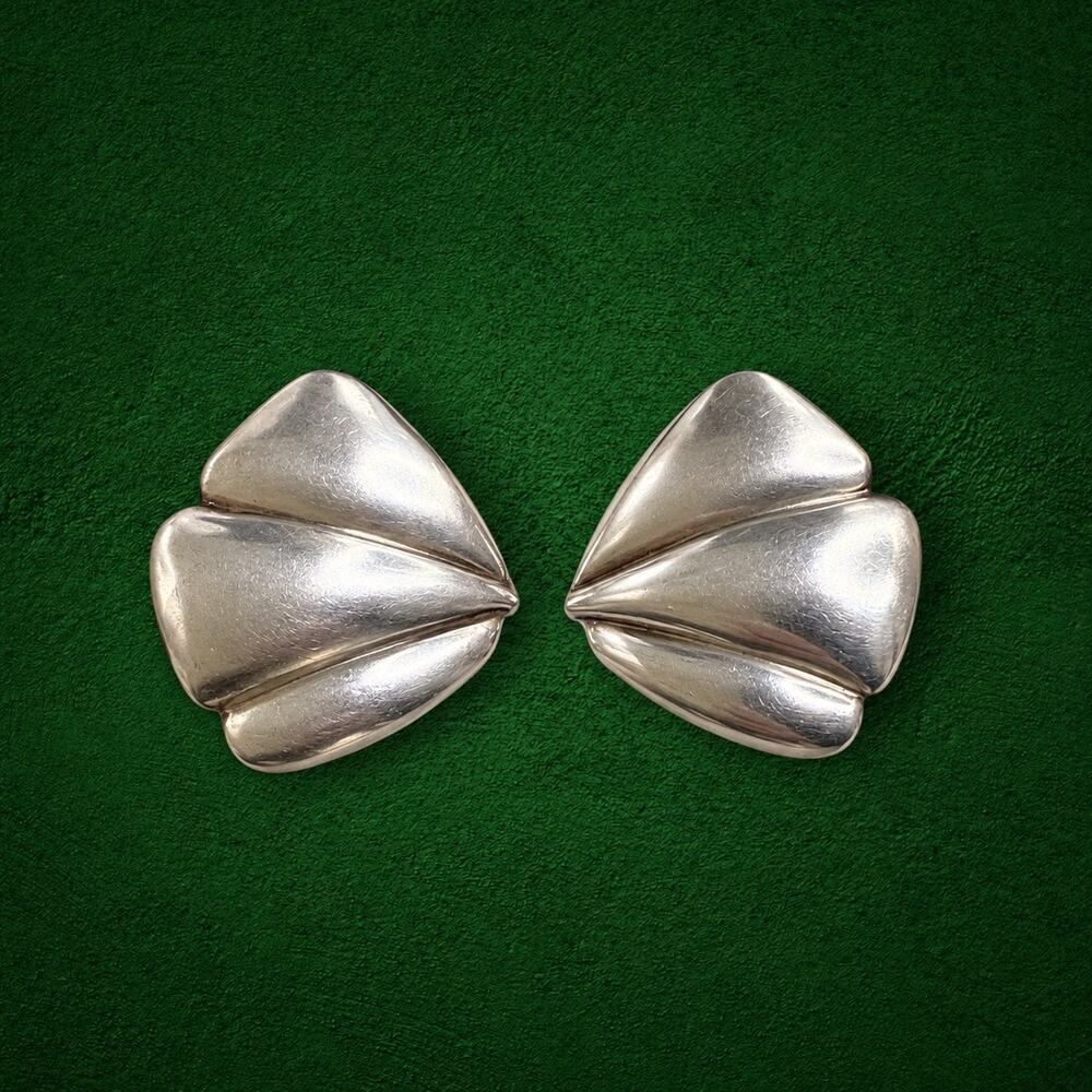 Vintage Sterling Silver Sculptural Fan Shell Statement Pierced Earrings
